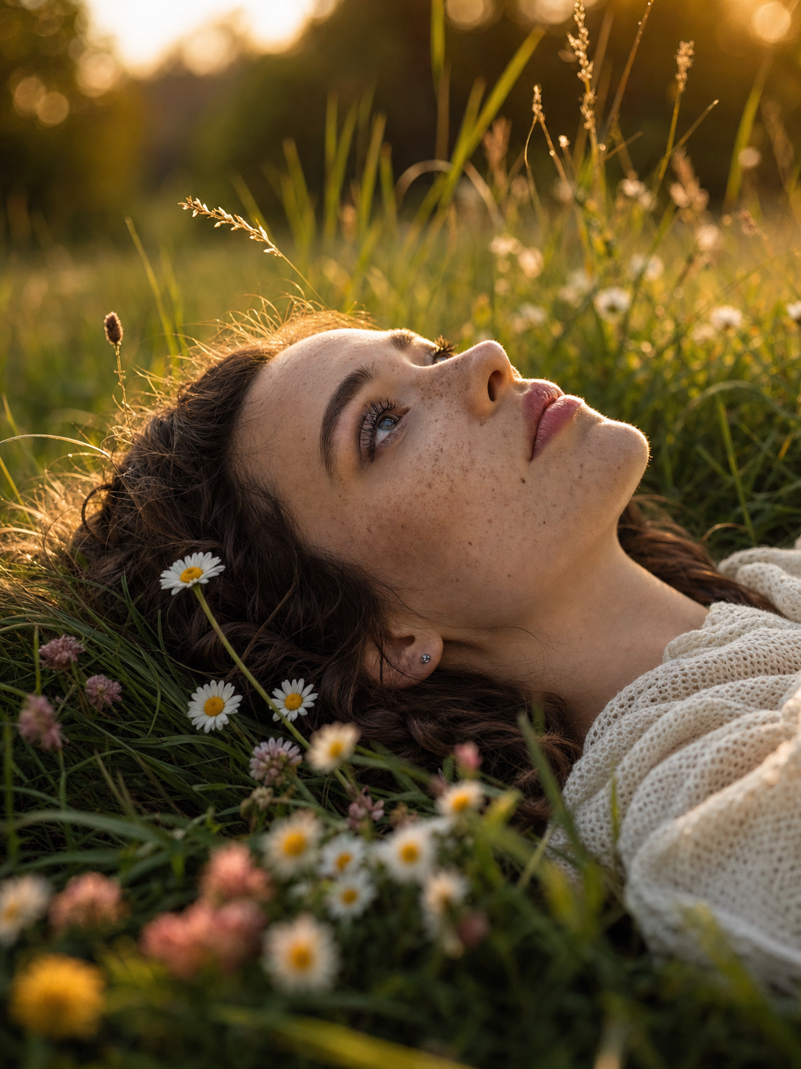 Young woman in grass with cream wrap