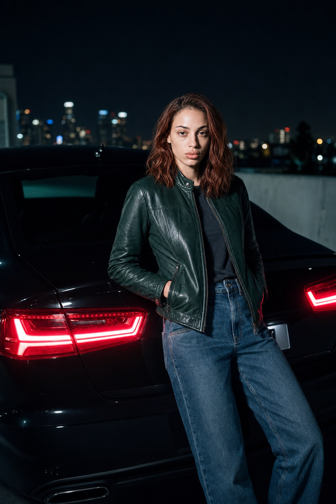 Young woman in green leather jacket by black sports car