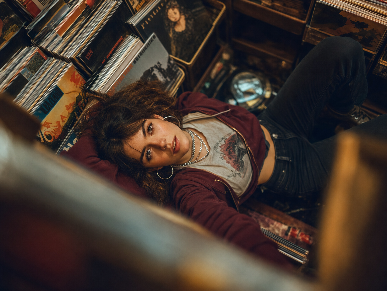 Young woman in grunge record aisle