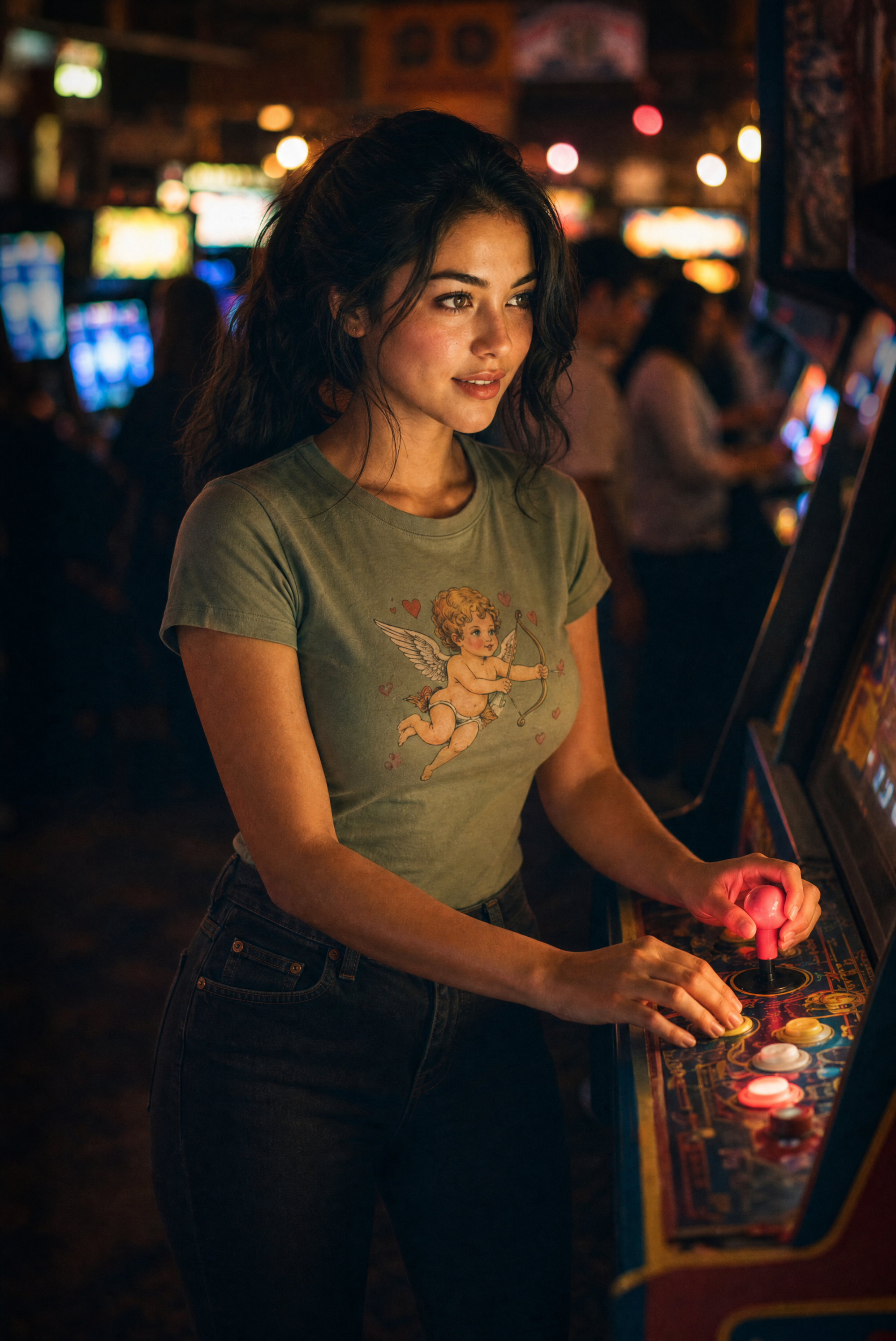 Young woman in olive top on arcade night