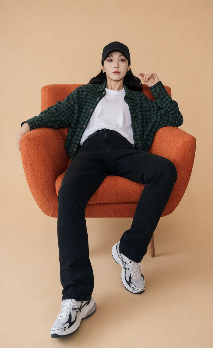 Young woman in orange chair, black cap