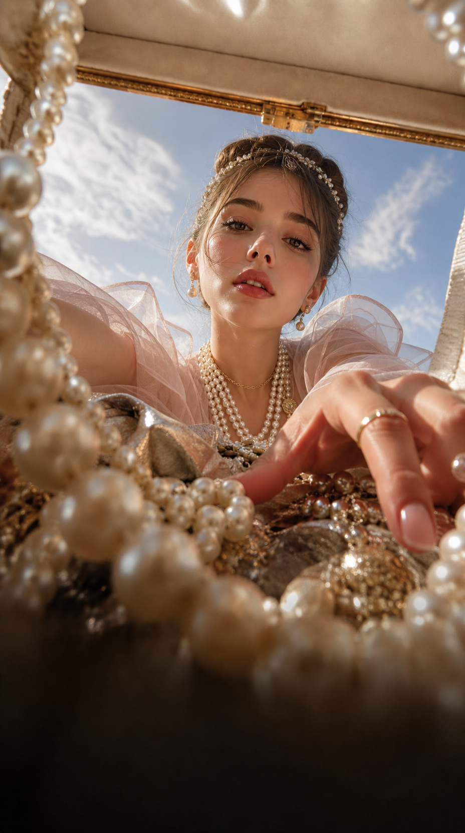 Young woman in overflowing jewelry box, silver hair accents
