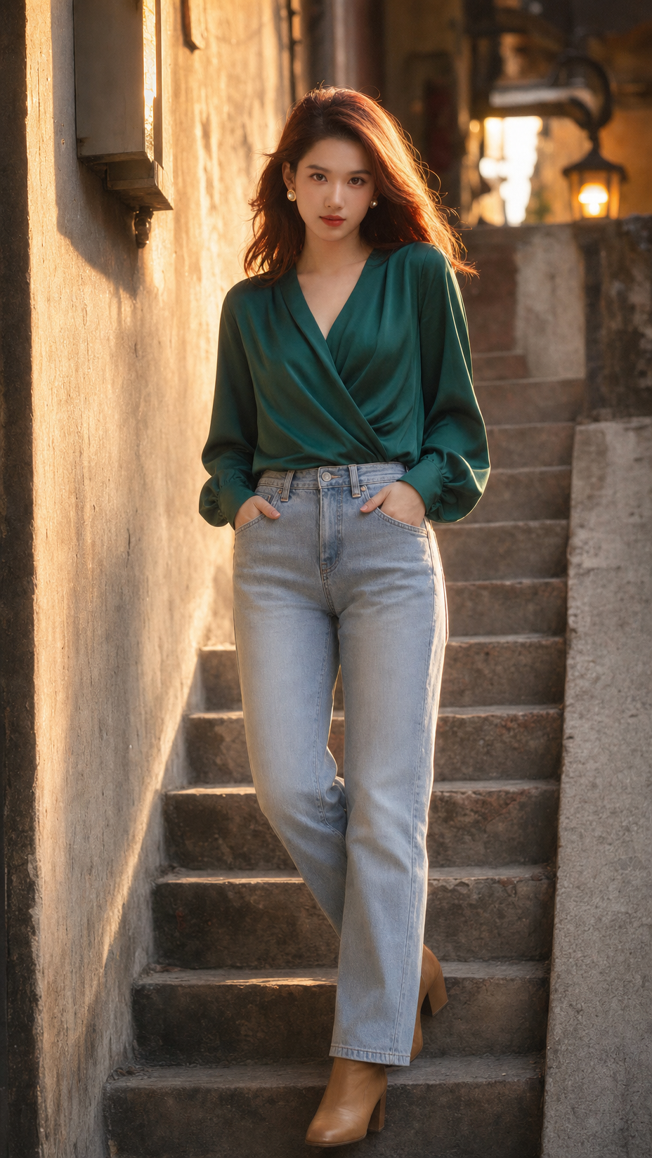 Young woman in retro alley fashion