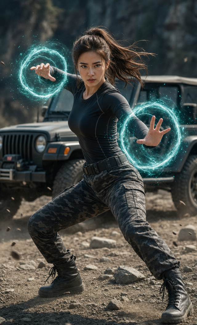 Young woman in teal energy rings on dirt