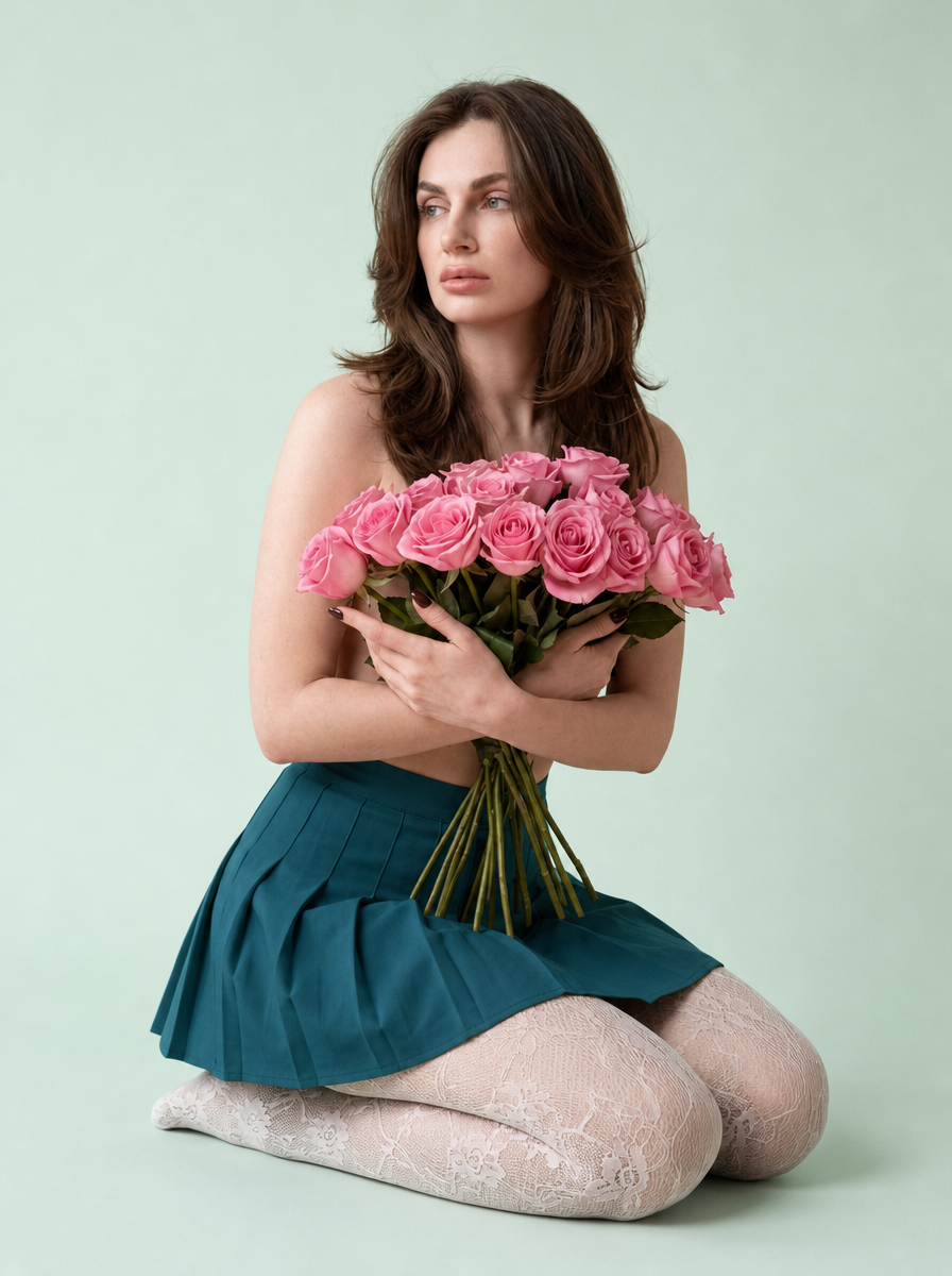 Young woman kneeling with pink rose bouquet