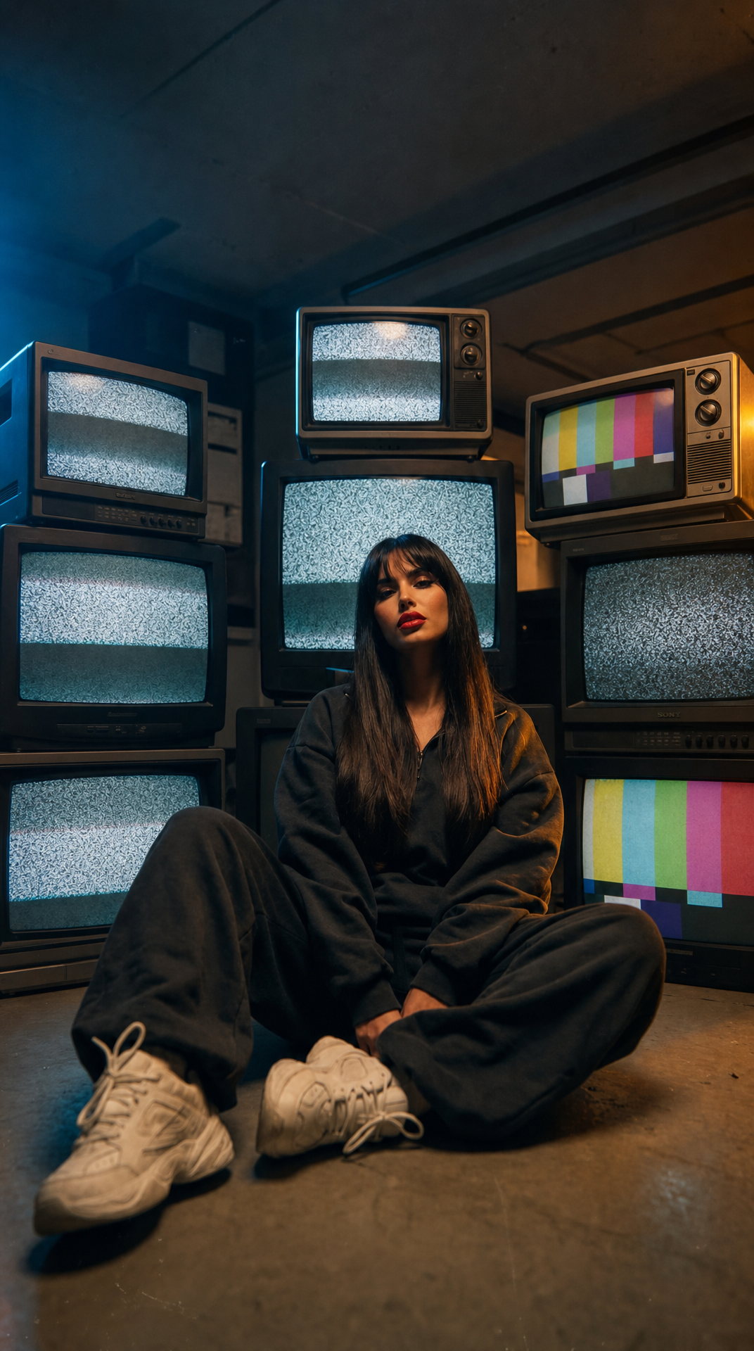Young woman on concrete floor with CRT stacks