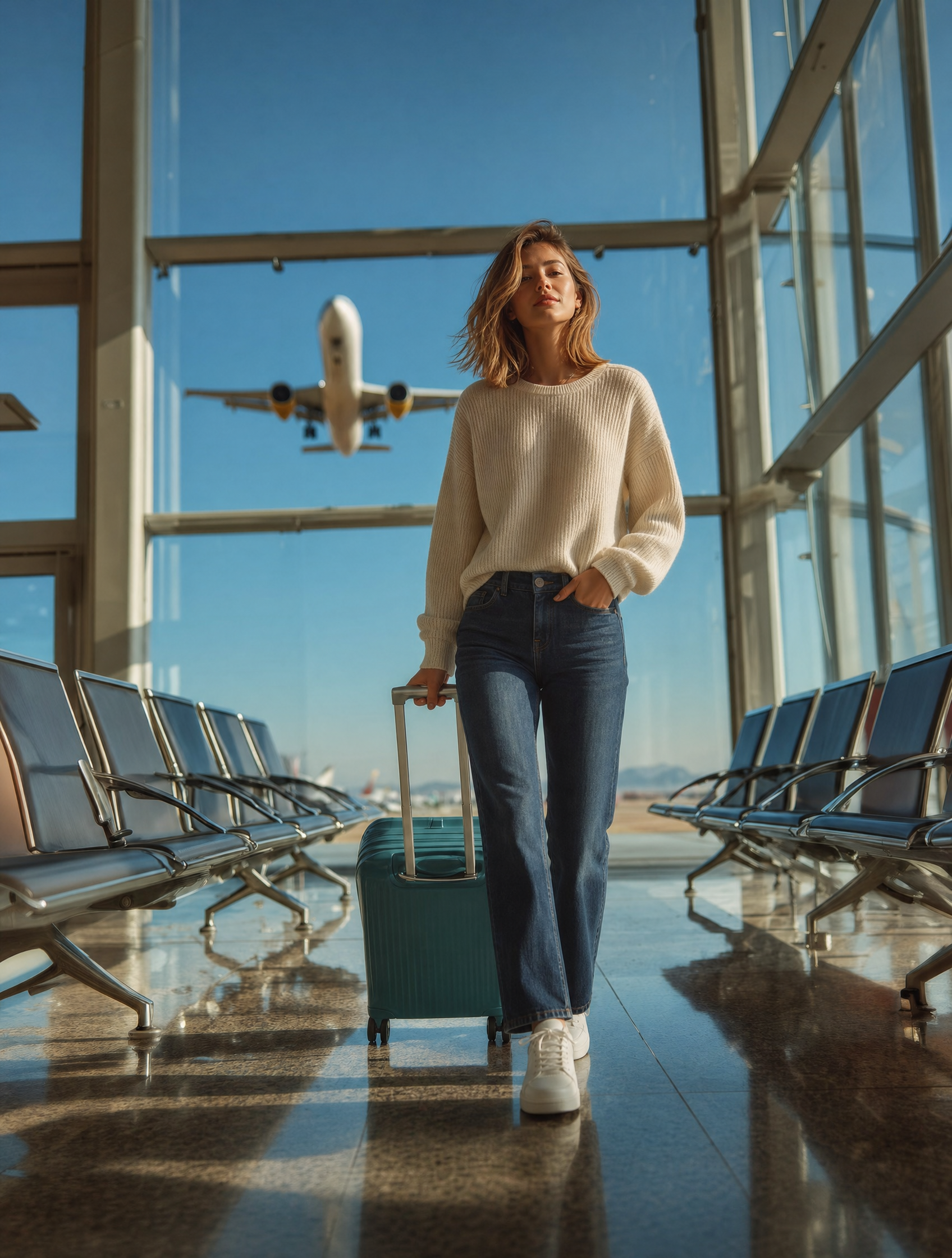 Young woman pulling teal suitcase in airport