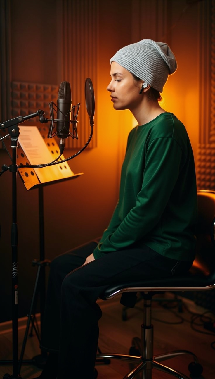Young woman recording with amber neon and beanie