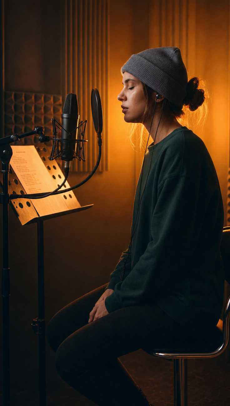 Young woman recording with amber neon and beanie