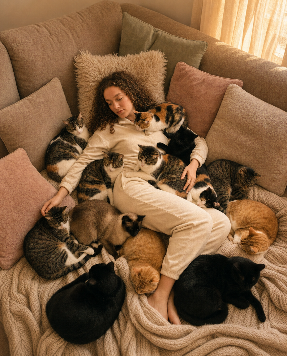 Young woman relaxing amid curled cats