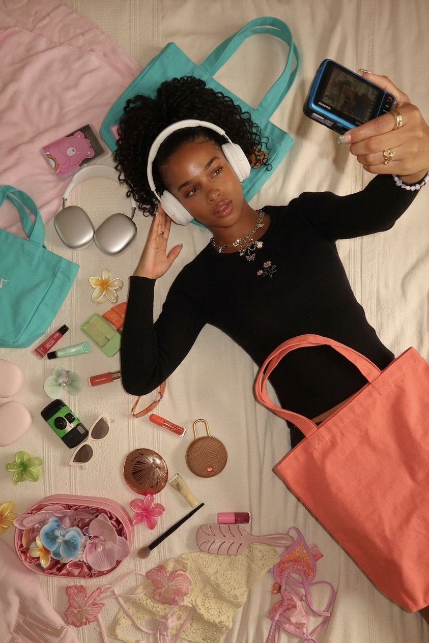 Young woman selfie on bed with white headphones