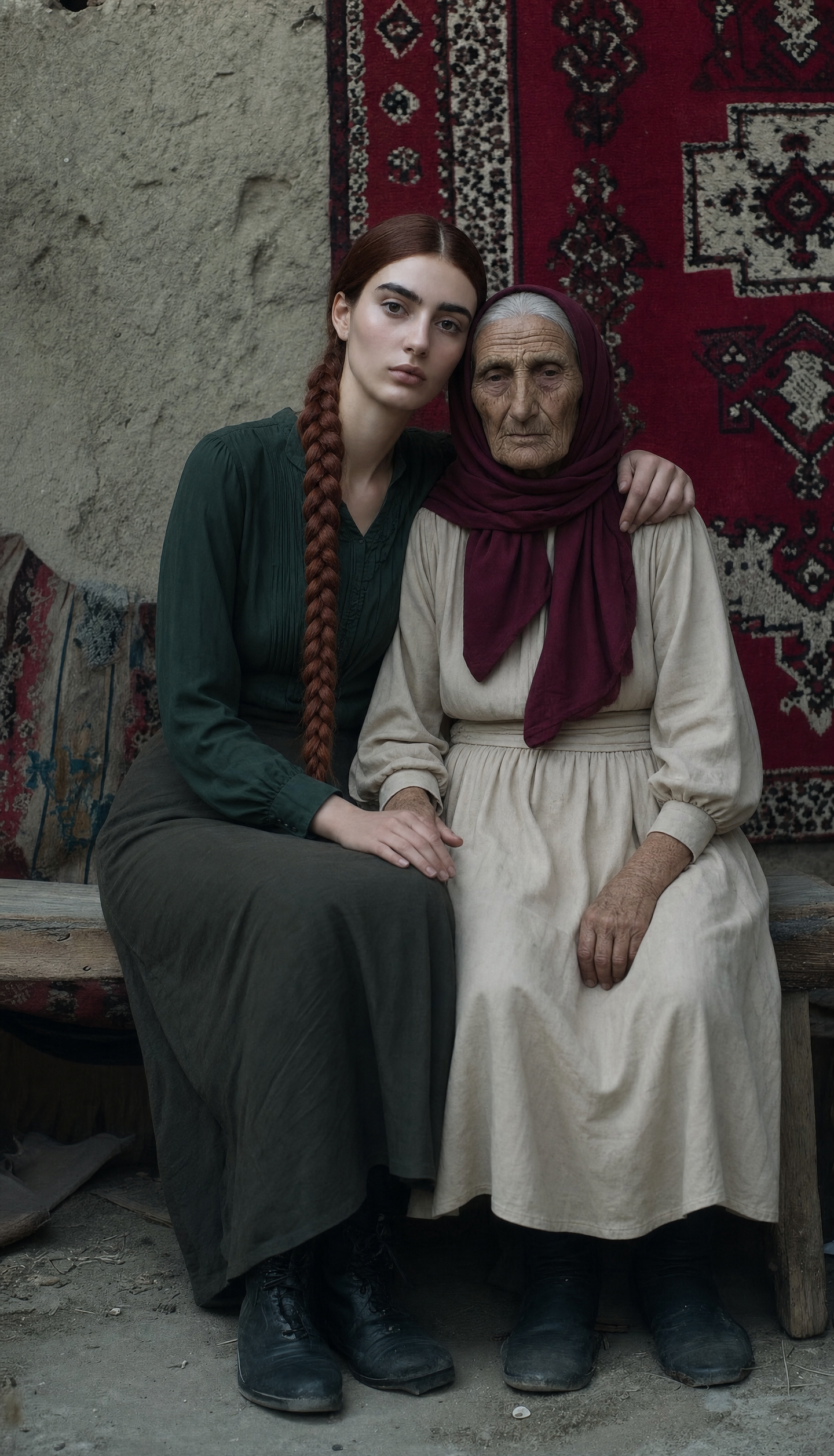 Young woman with auburn braid beside elder in burgundy