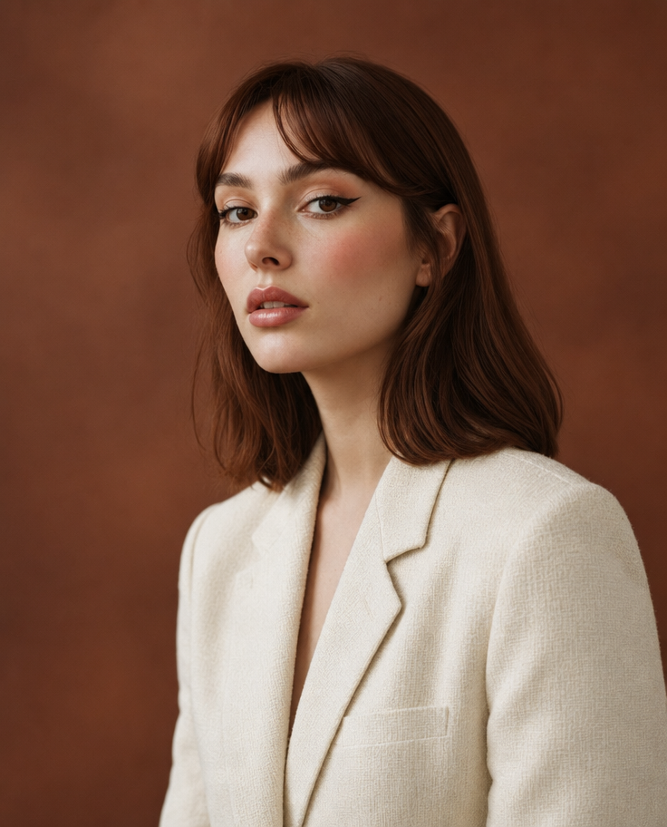 Young woman with auburn hair and cream blazer