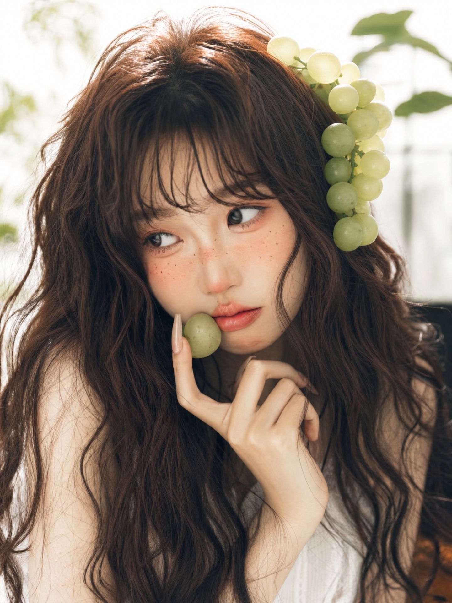 Young woman with auburn hair and grapes