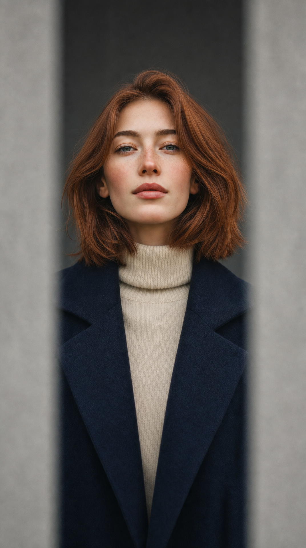 Young woman with auburn hair at security gate