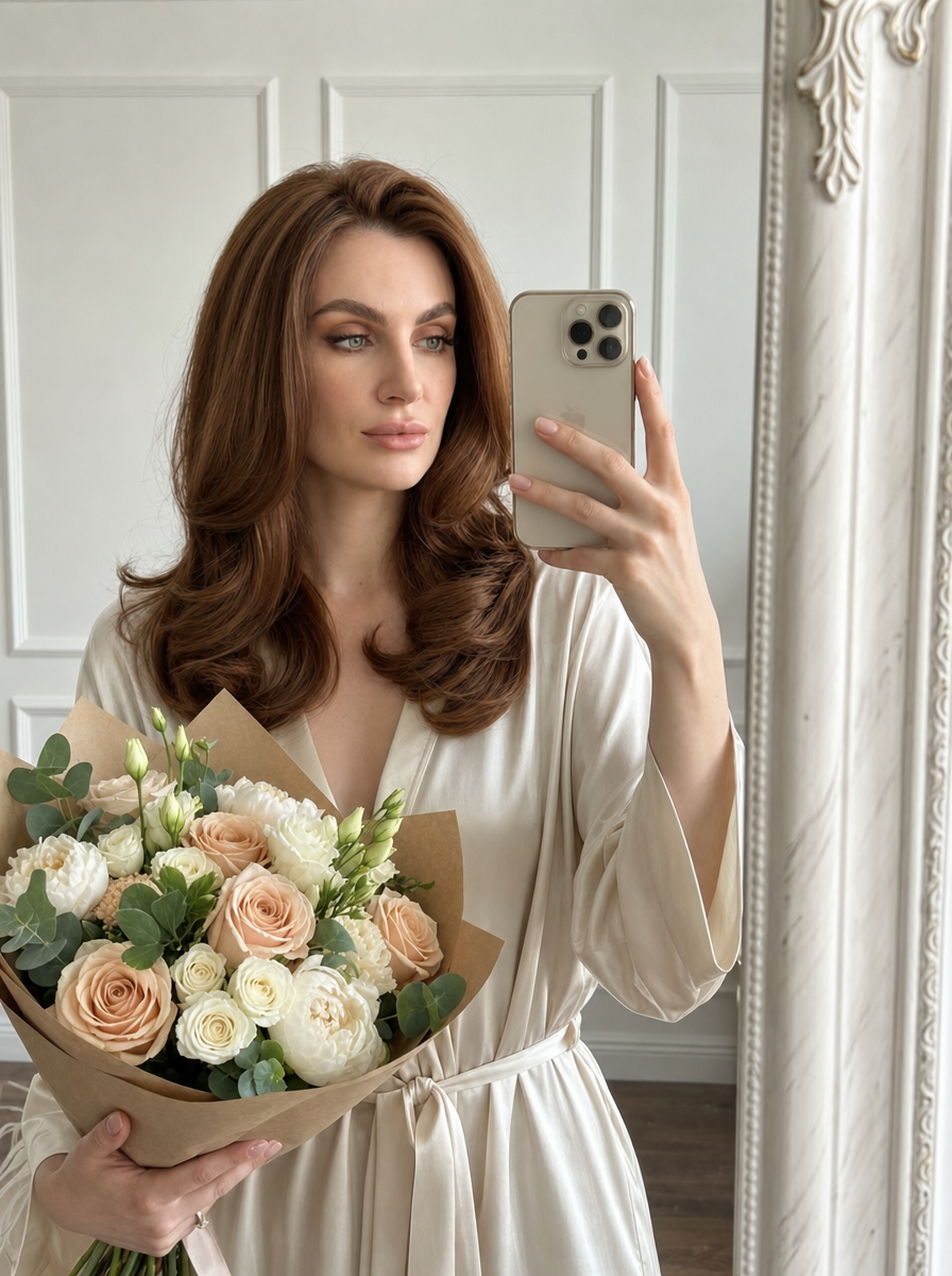 Young woman with auburn hair holding peach bouquet