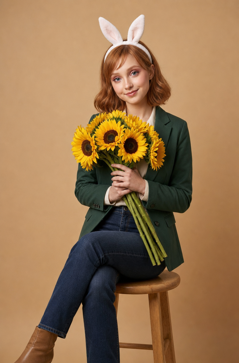 Young woman with auburn hair holding sunflowers
