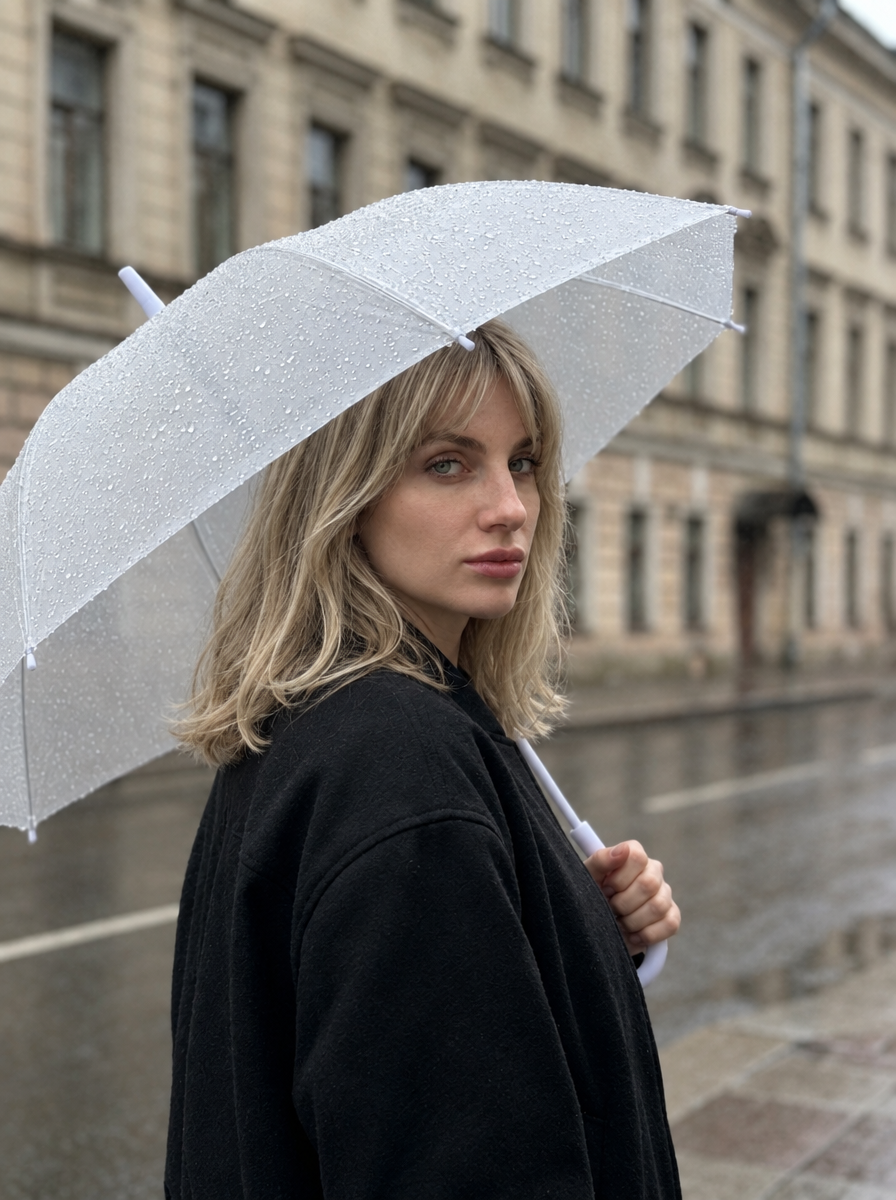 Young woman with blonde hair and frosted umbrella