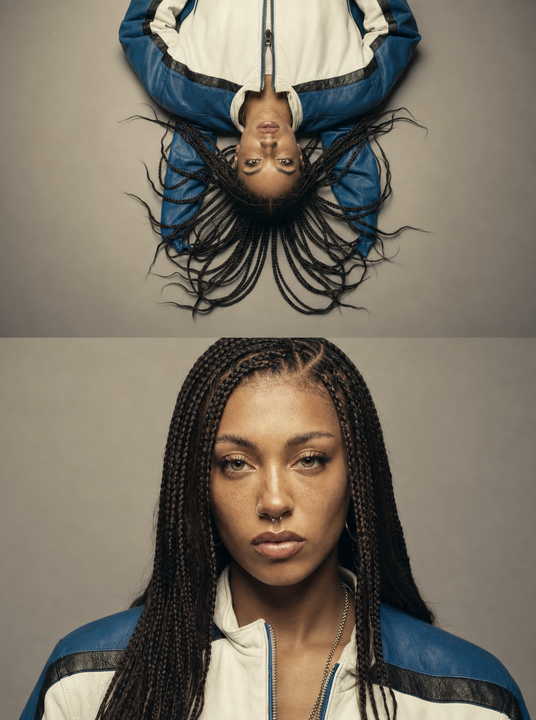 Young woman with braids, nose ring, blue track jacket