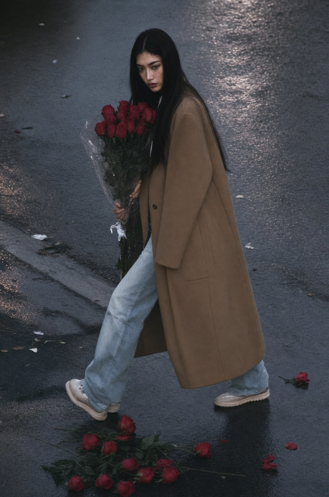 Young woman with deep red roses on wet road