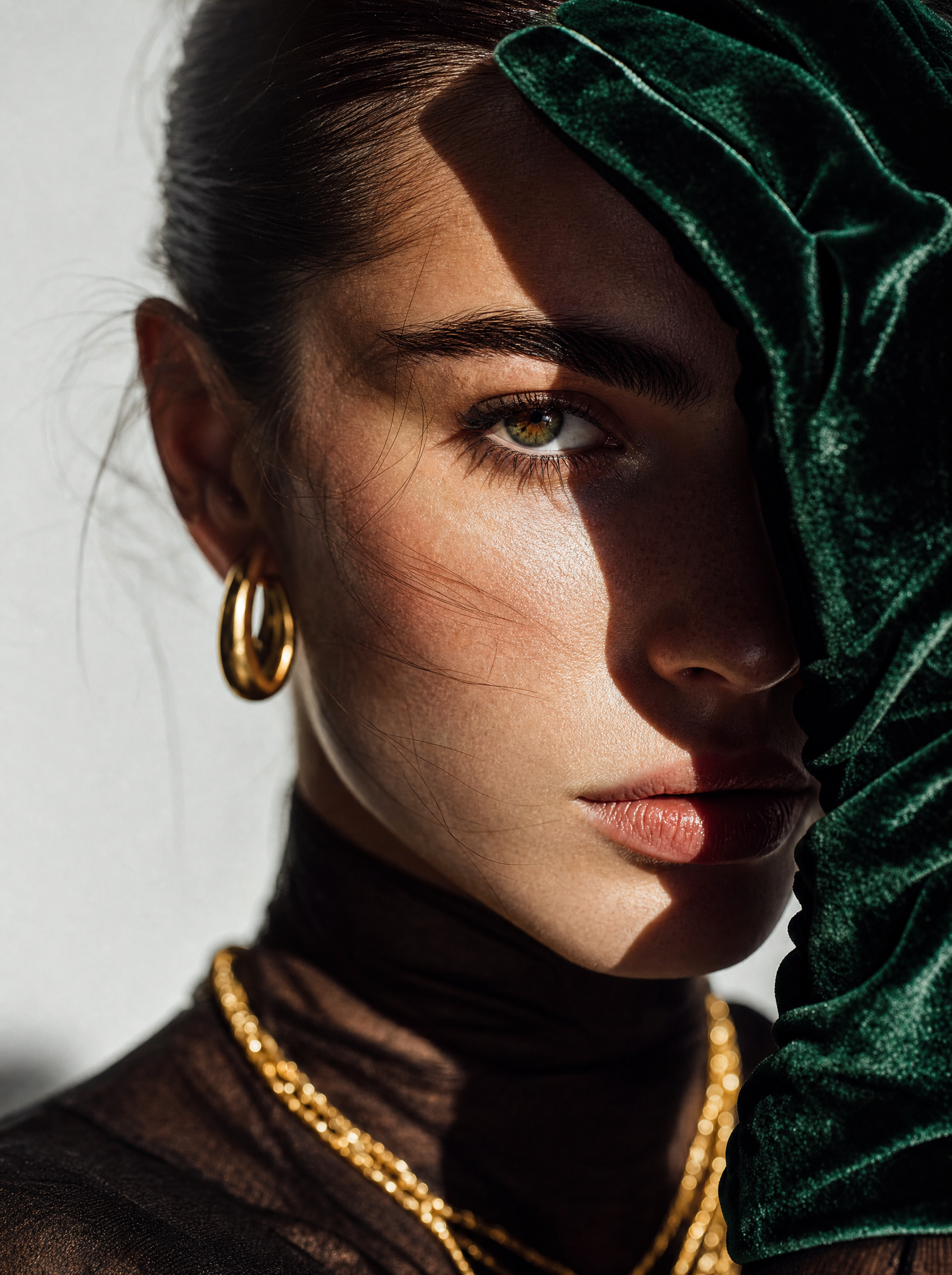 Young woman with green velvet gloves and gold hoops