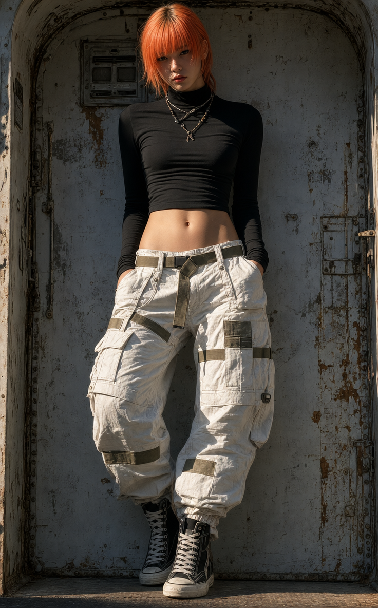 Young woman with orange hair in industrial doorway