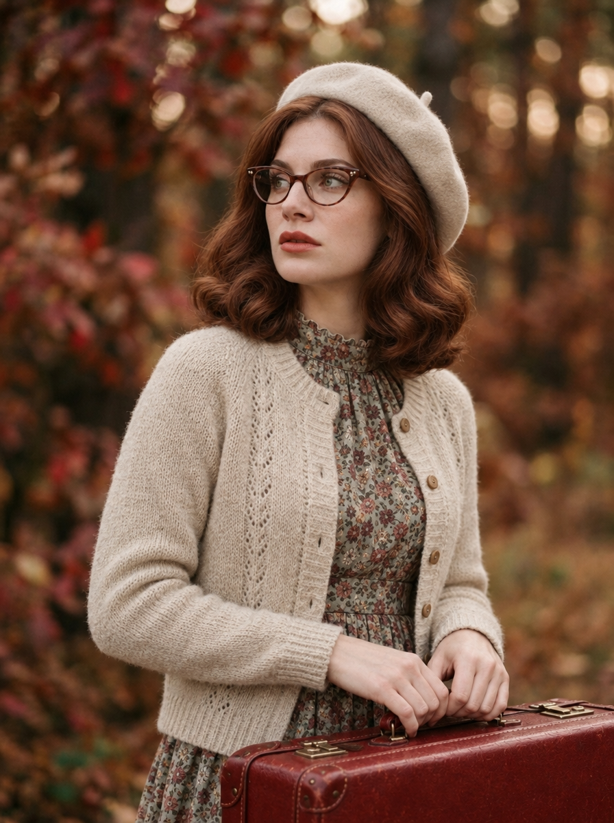 Young woman with red suitcase, cream beret