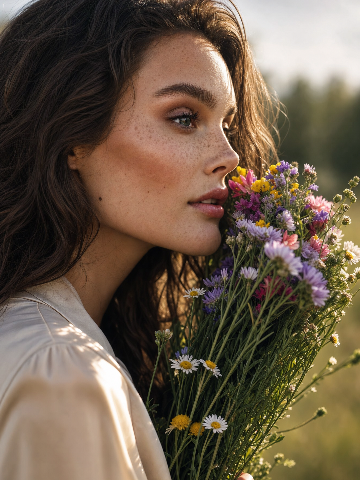 Young woman with wildflower bouquet, cream satin